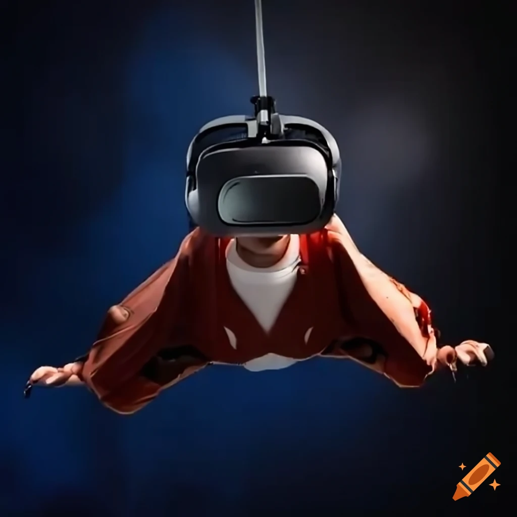 Person in high-tech VR simulation lab with VR headset mimicking wingsuit flight