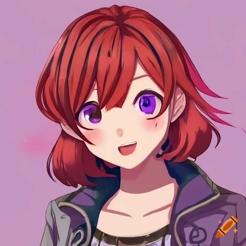 Animated adventurous young woman with short red hair and purple eyes