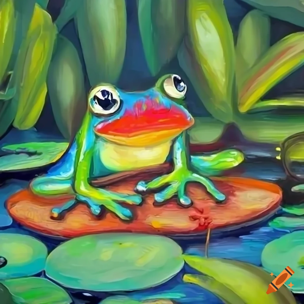 Colorful cartoon frog on a lily pad in a vibrant rainforest