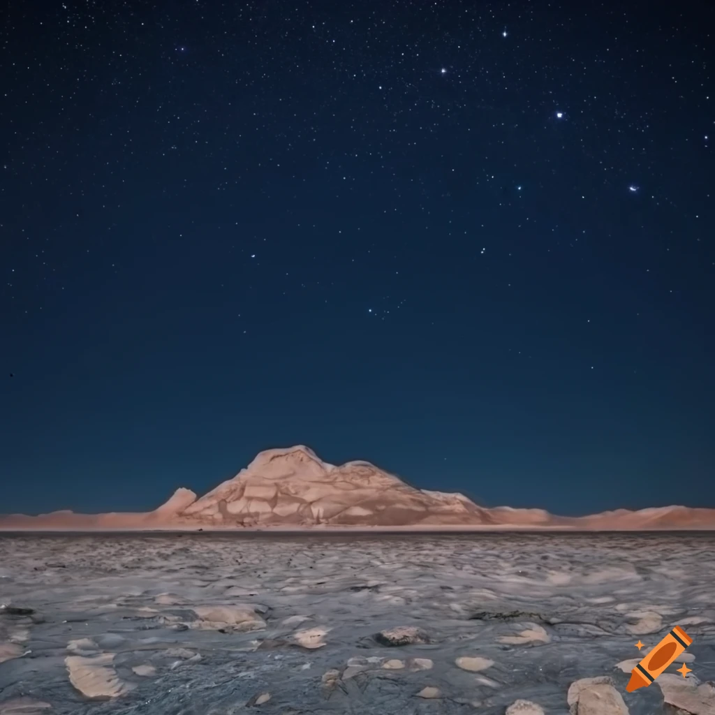 White rocky desert at night with starry sky on Craiyon