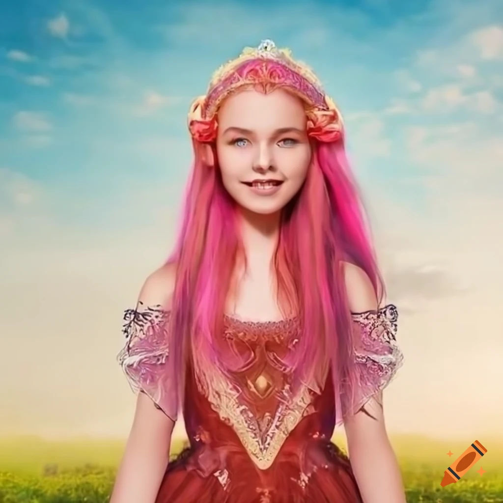 Pretty young princess with pink hair in a medieval castle setting