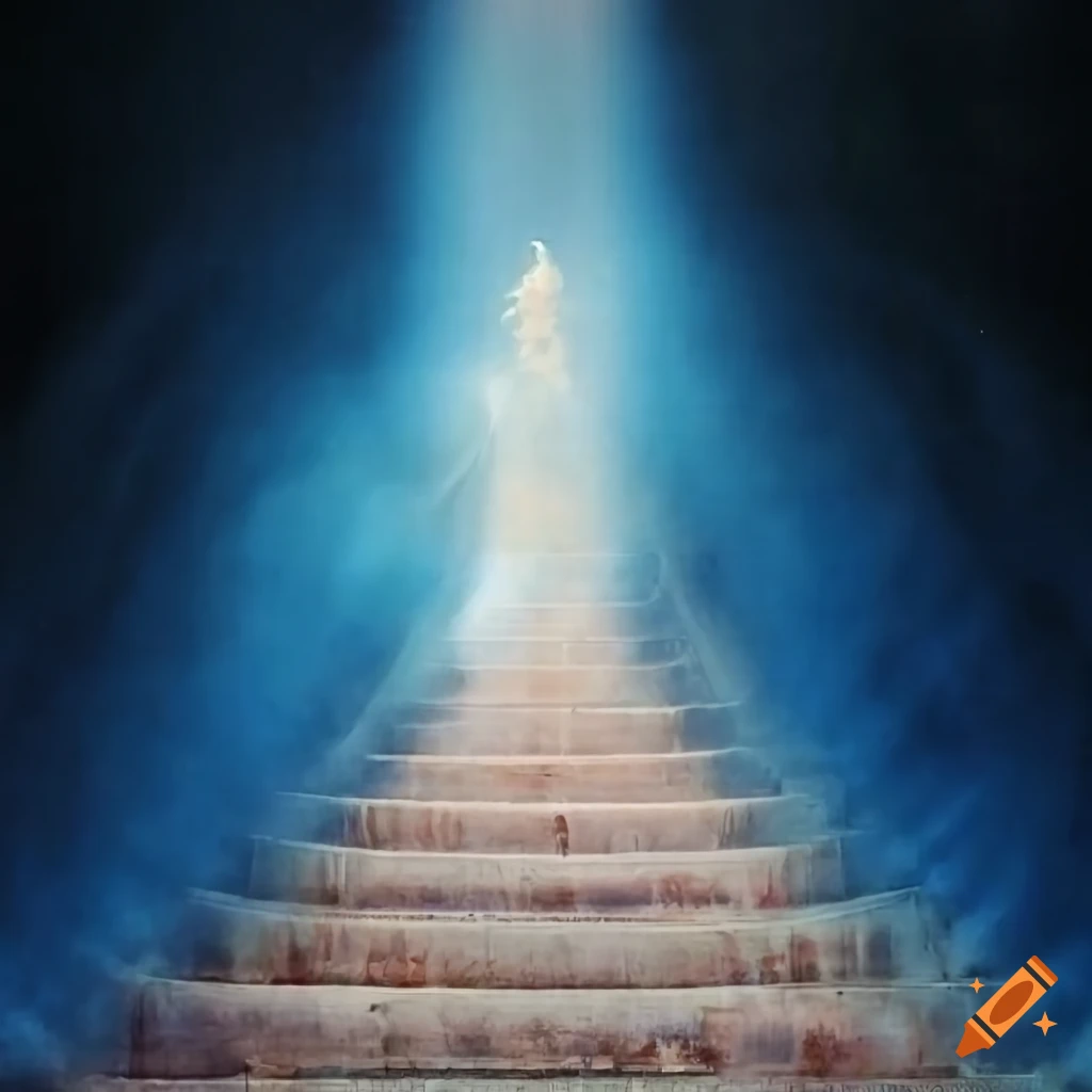 Stairway to the heavens with God and angels in a heavenly scene
