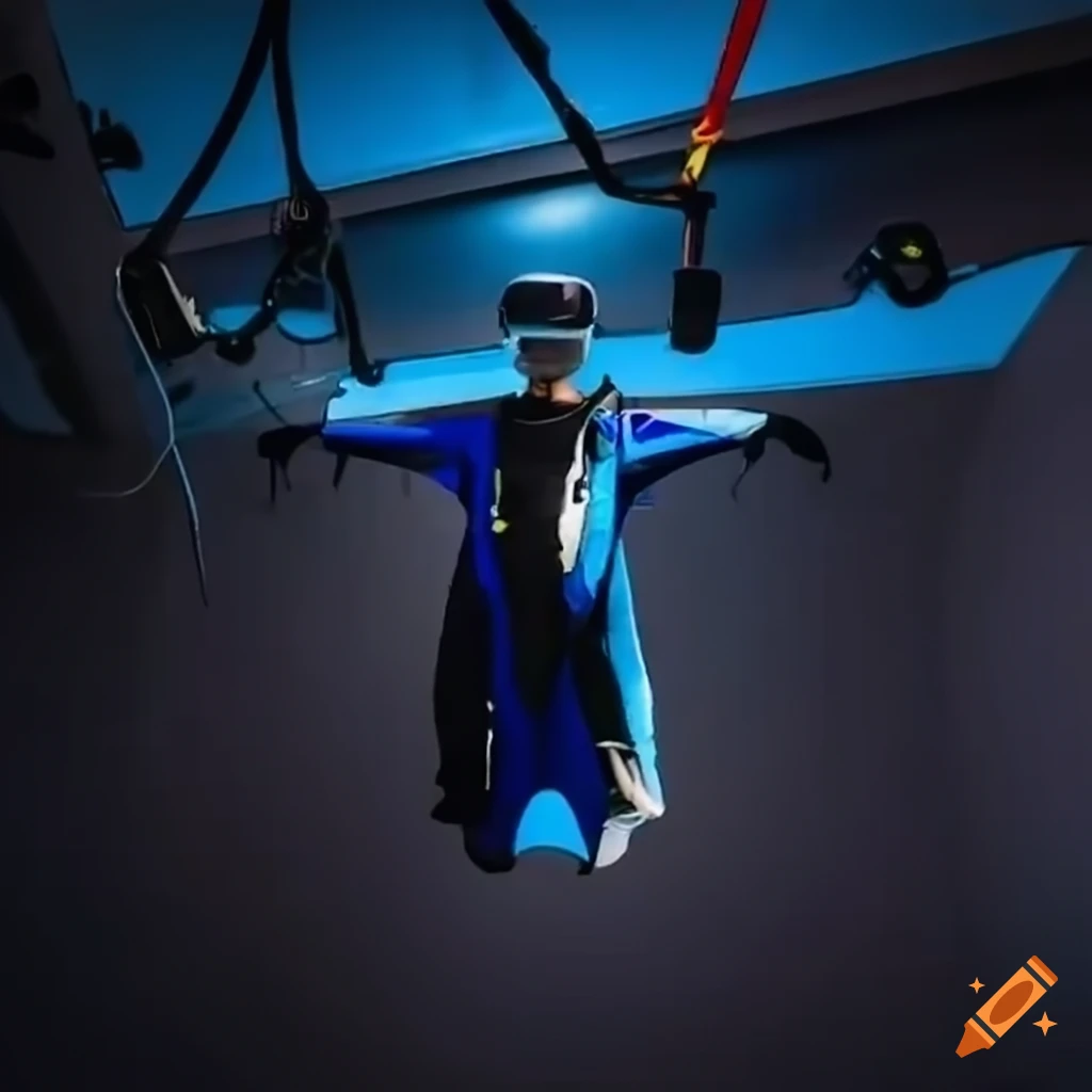 Person in high-tech VR simulation lab with VR headset mimicking wingsuit flight