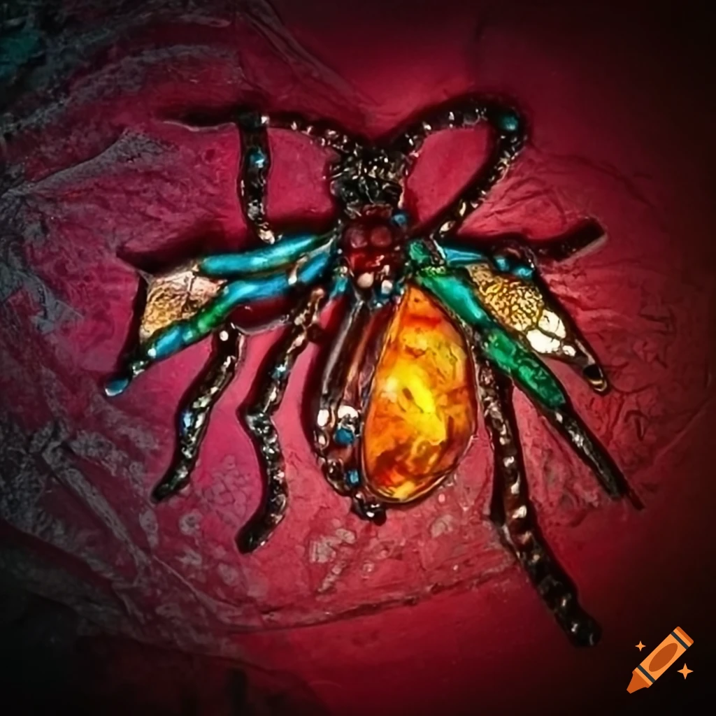 Exotic wasp with colorful gems and tribal motifs on stained glass, metal-plated amber gemstones