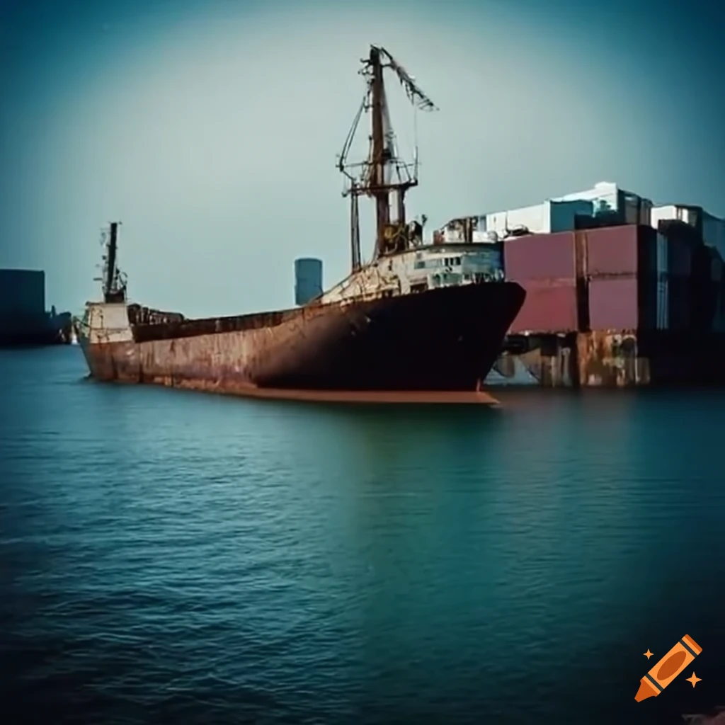 Rusty cargo ship anchored at a dock