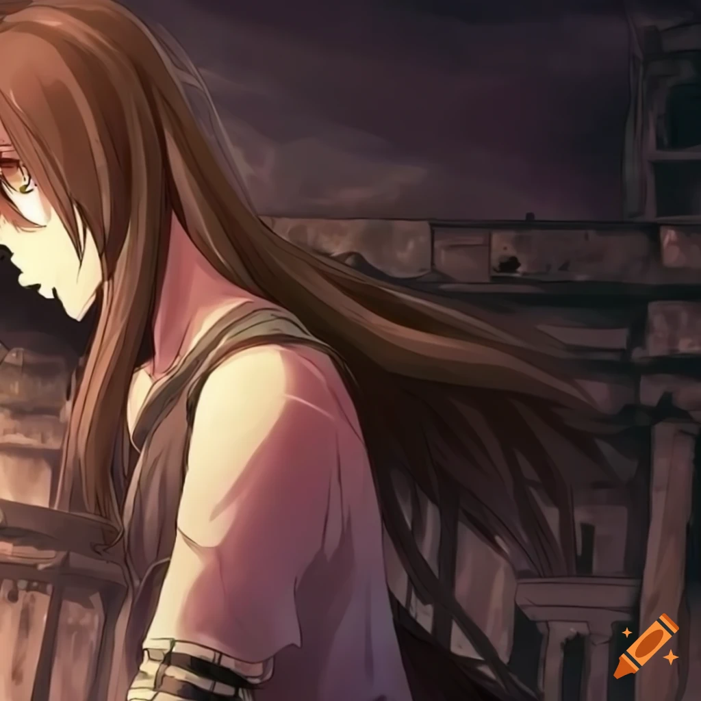 Anime boy with long brown hair in front of dark ruins