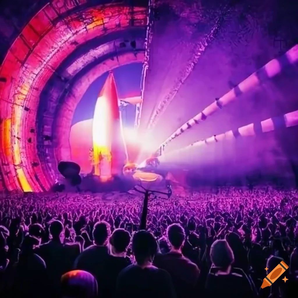 Festival concert stage with tunnel and rockets in the background