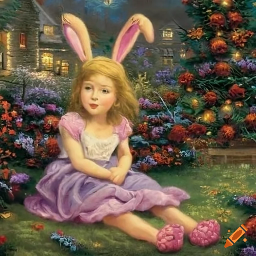 Bunny girl painting by Thomas Kinkade
