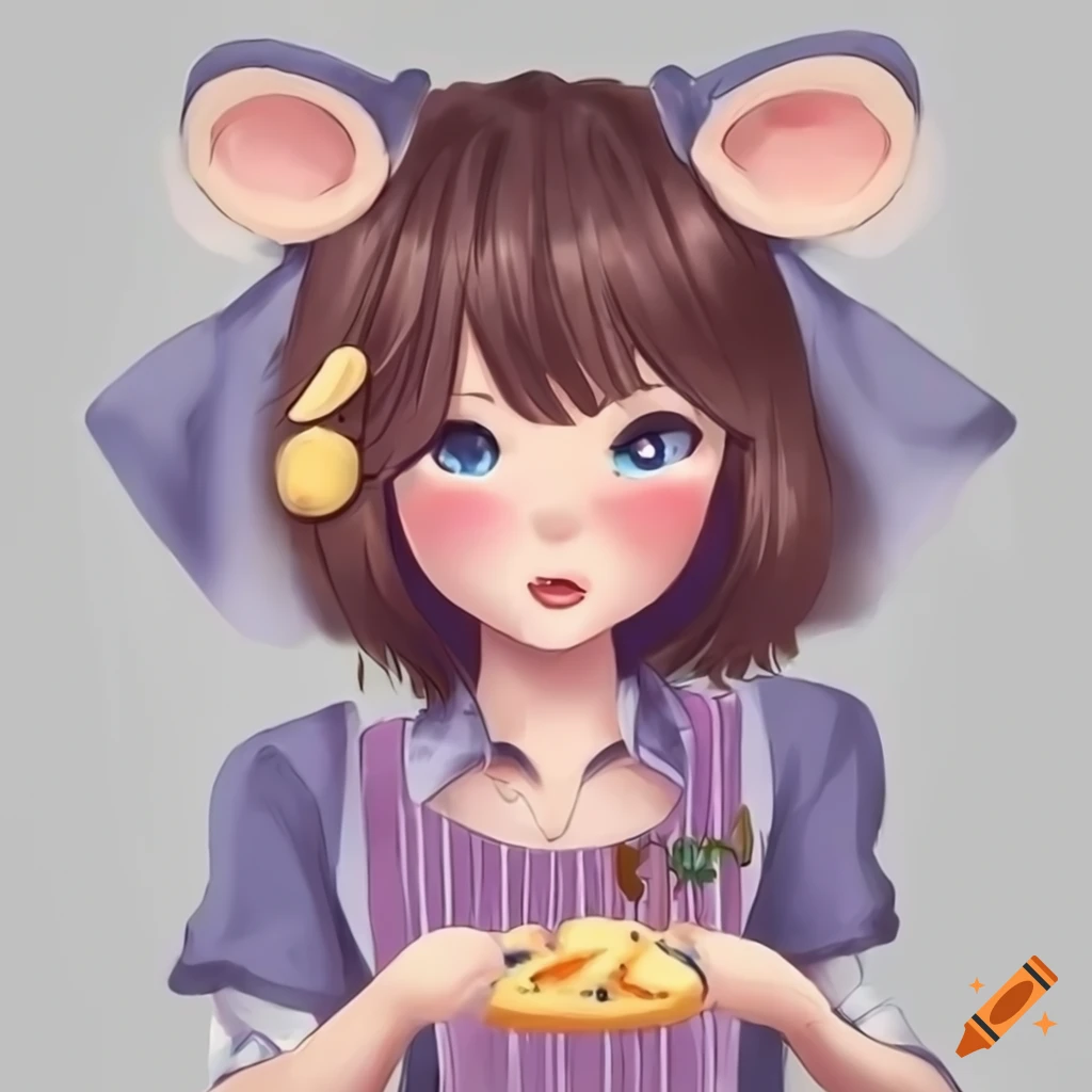 Cute mouse girl tomboy staying on a cheese
