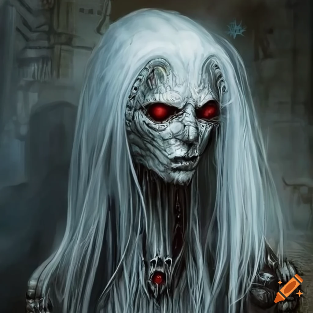 Biomechanical necromancer with long white hair in a fantasy setting