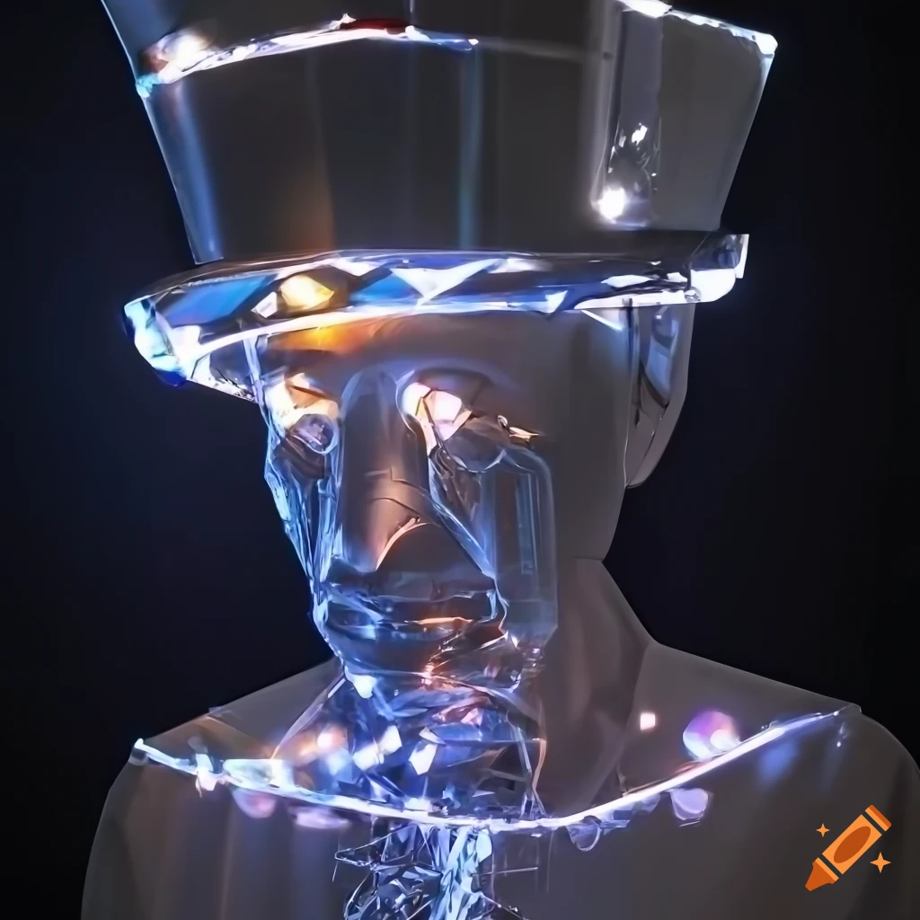 Elderly man with futuristic crystal shard top hat and LED lights