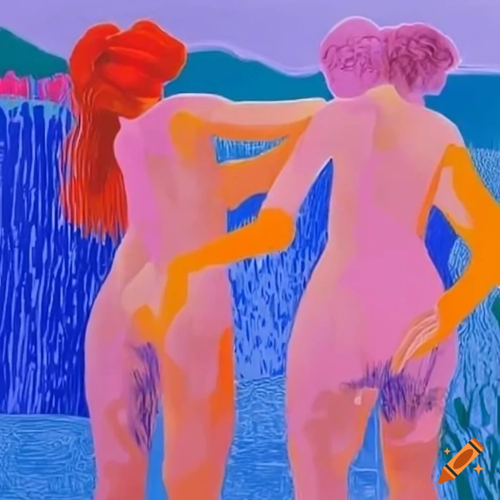 Vibrant art depicting the Three Graces by David Hockney