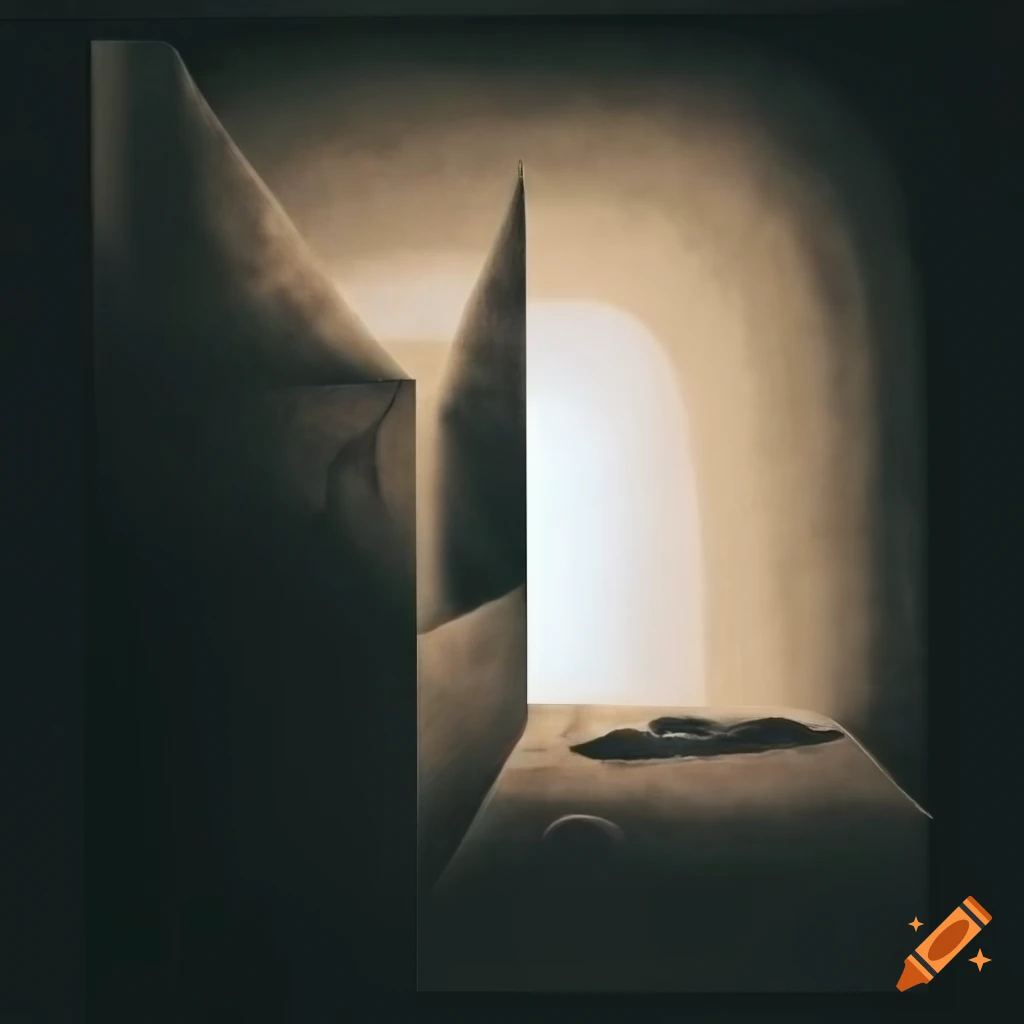 Retro 1950s surrealistic art with rooms, windows, and strange forms in black and white tones