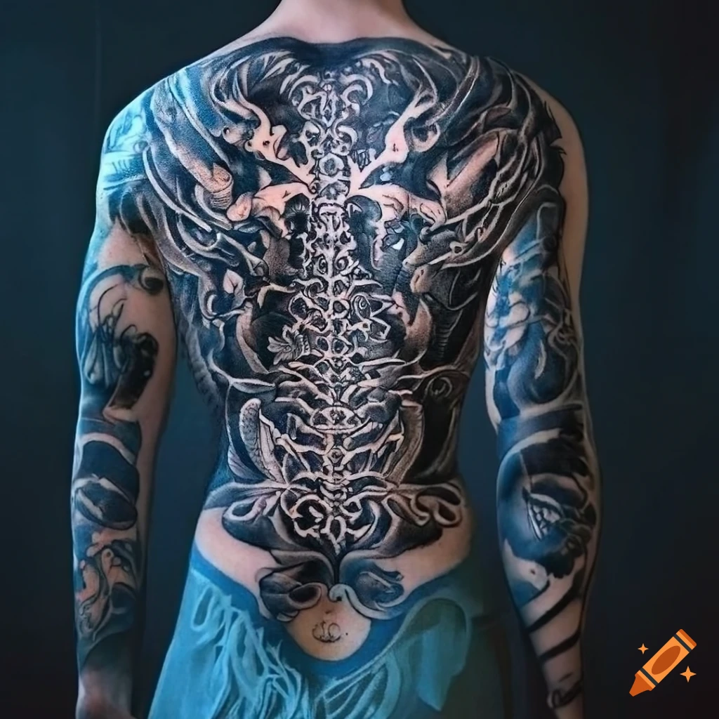 Ornate Japanese-inspired back tattoo design with scorpion motifs in ...
