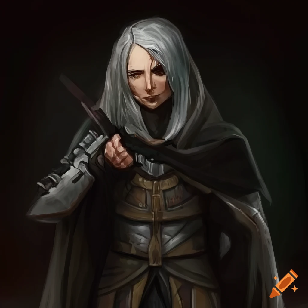 Detailed artwork of a stern male rogue with grey eyes and hair, in black cloak and light armor