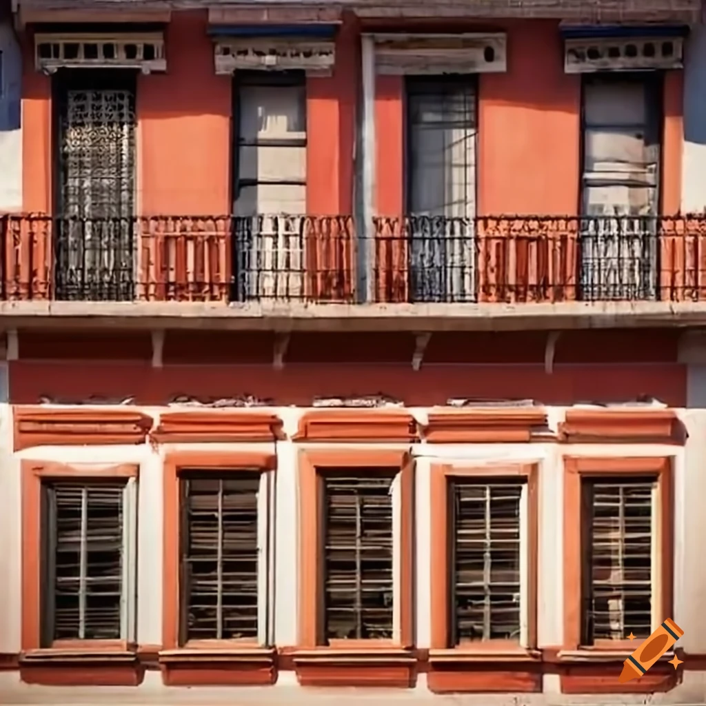 Rows of front facing windows from buildings in a rural Mexican town