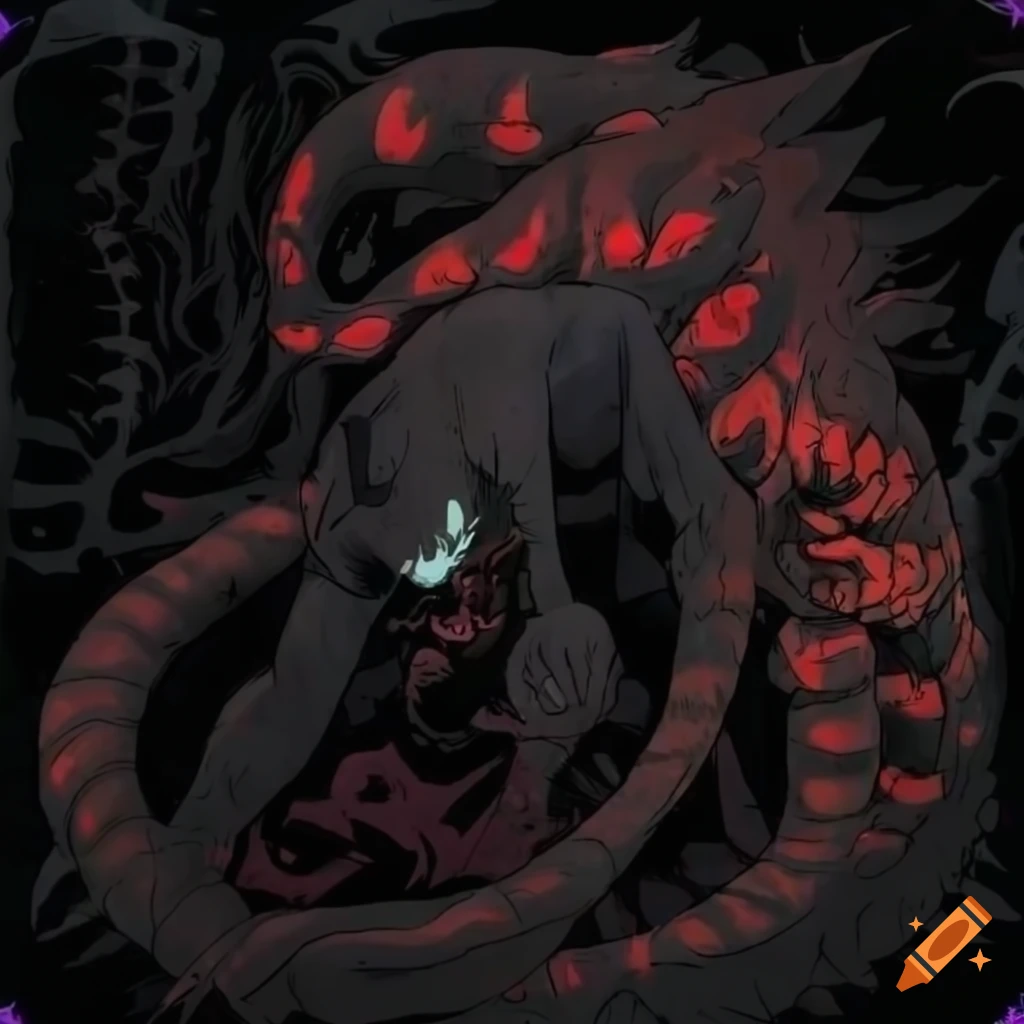 Dark and sinister demon creature with eel-like appearance and red eyes