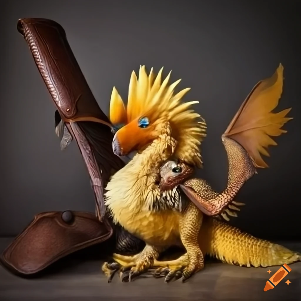 Mythical hybrid with yellow feathers and a saddle