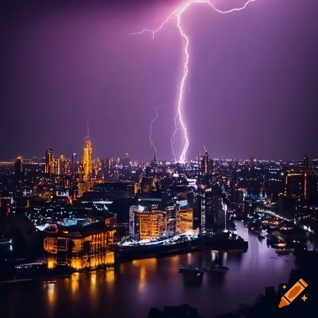 City skyline illuminated at night by lightning in a heavy rain