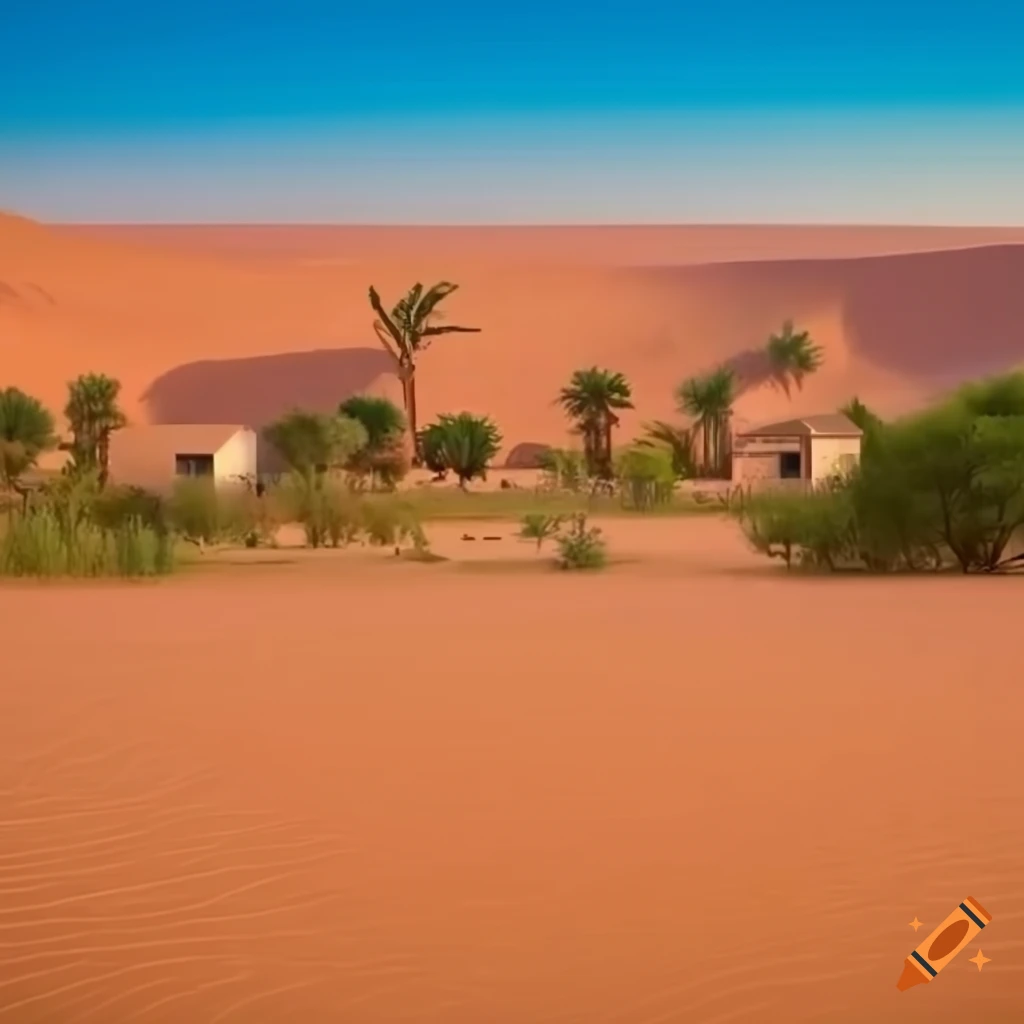 Oasis in the Sahara desert with trees, lake, and a small house