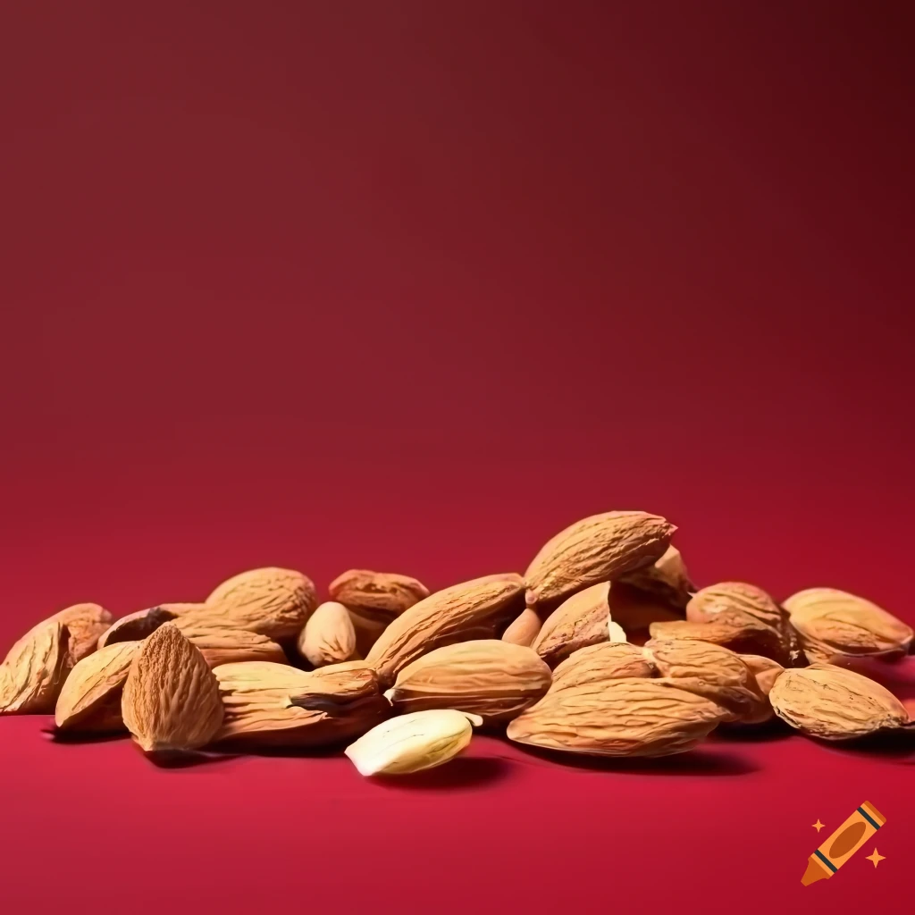 Pieces of broken almonds on a red background