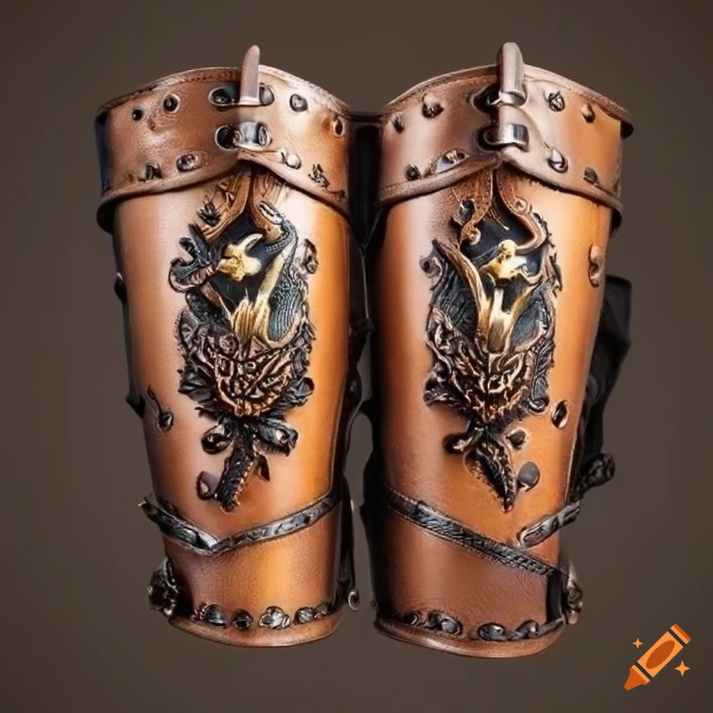 Elaborate leather bracers with eagle emblems for archery performance