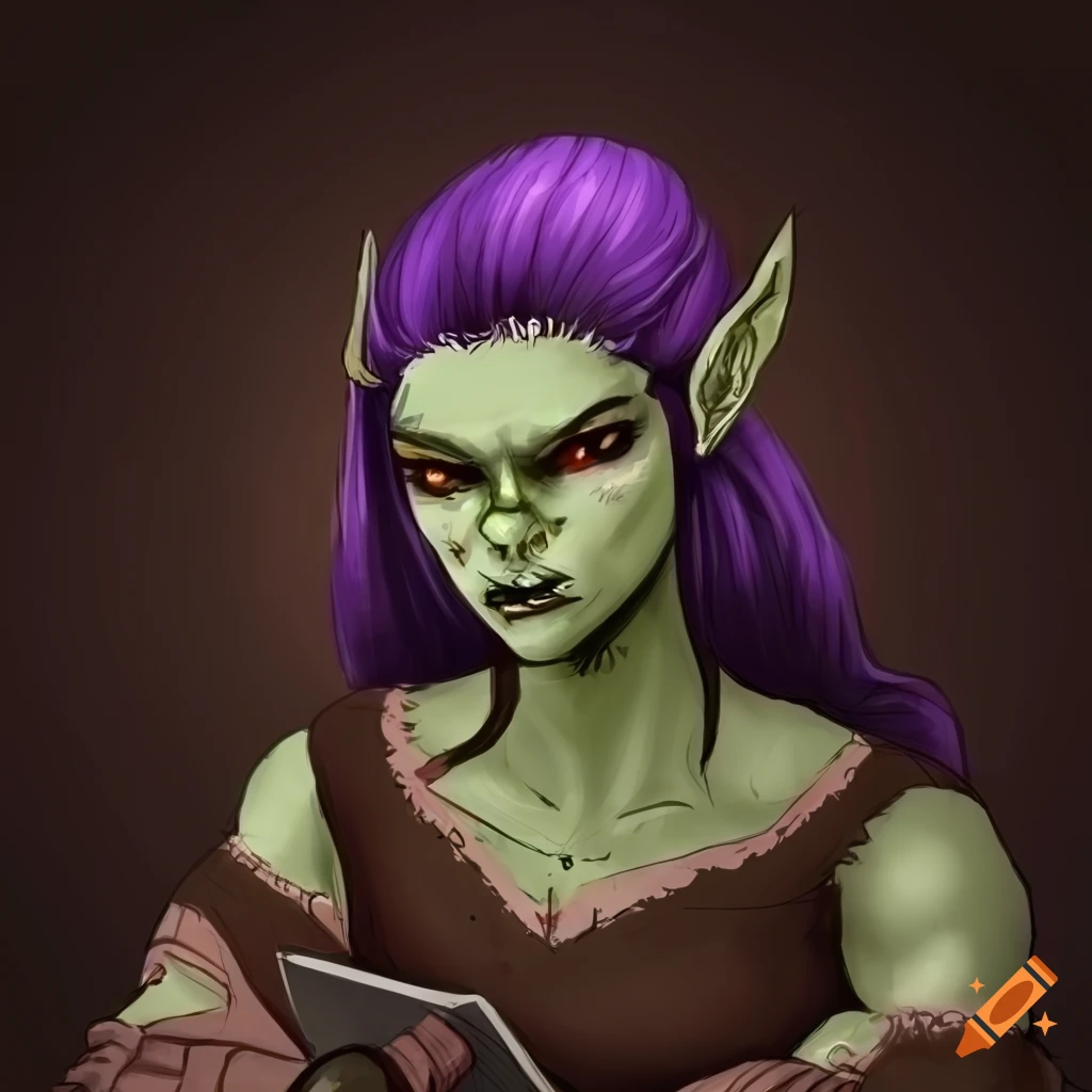 Illustration of a shy female half-orc with prominent lower fangs and dark purple hair