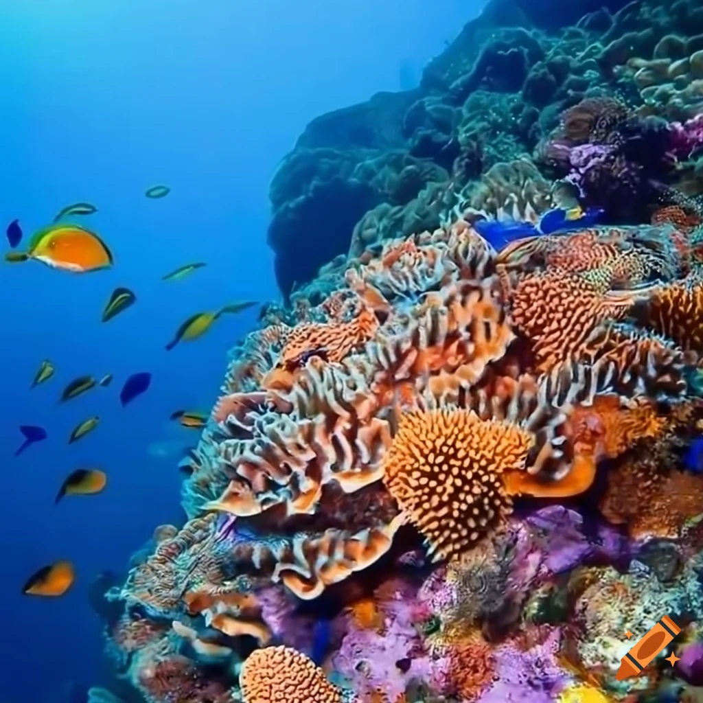 Explorers diving in a colorful coral reef with many animals