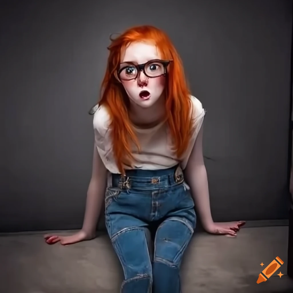Red-haired girl with glasses and freckles trapped in a corner by a scary monster