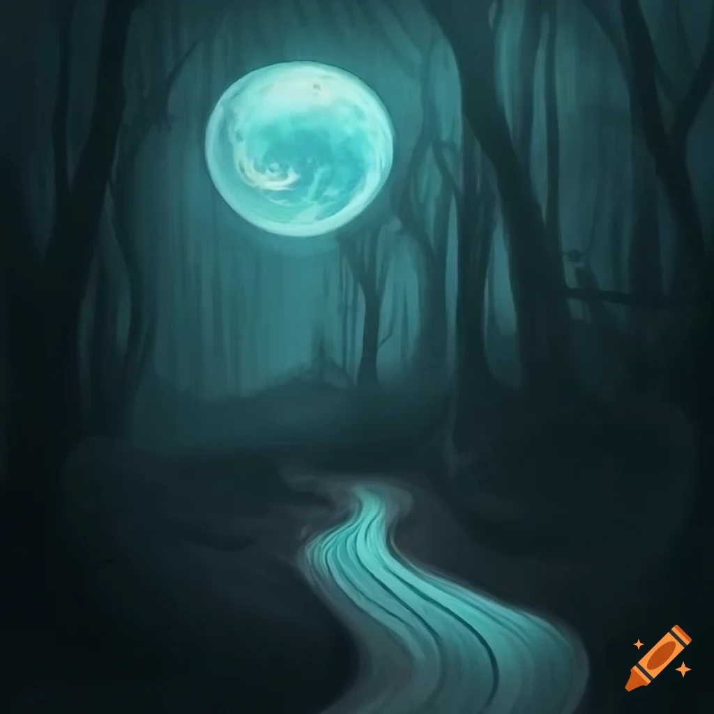 Winding dark path leading to bright light with moon behind clouds on ...