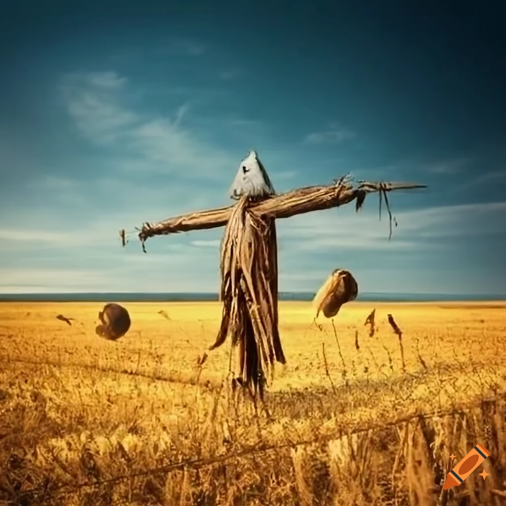 17th century field with dead crops and a scarecrow in the distance