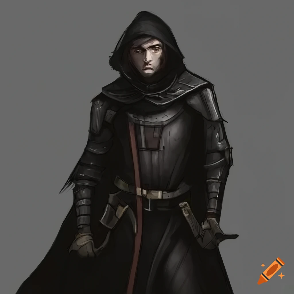 Detailed artwork of a stern male rogue with grey eyes and hair, in black cloak and light armor