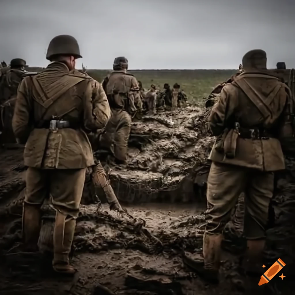 Soldiers in uniform standing in trenches on a muddy battlefield