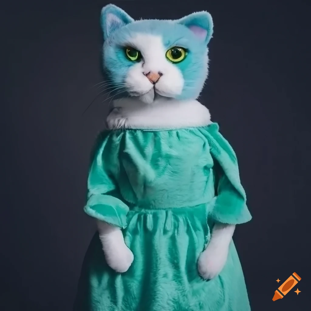 Blue cat plush wearing a green dress