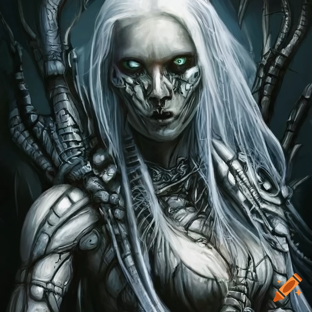 Biomechanical necromancer with long white hair in a fantasy setting