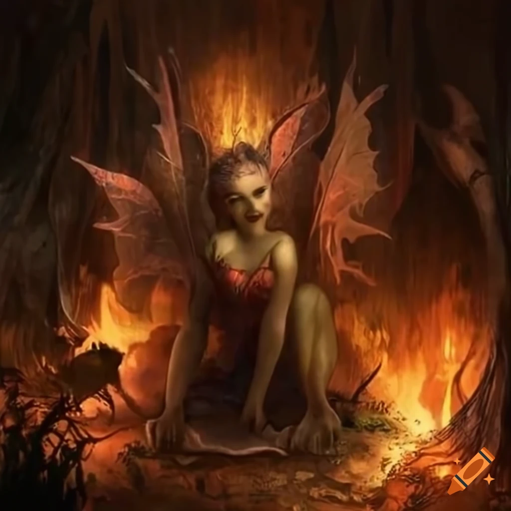Catastrophic scene of fairies and orcs in fiery chaos