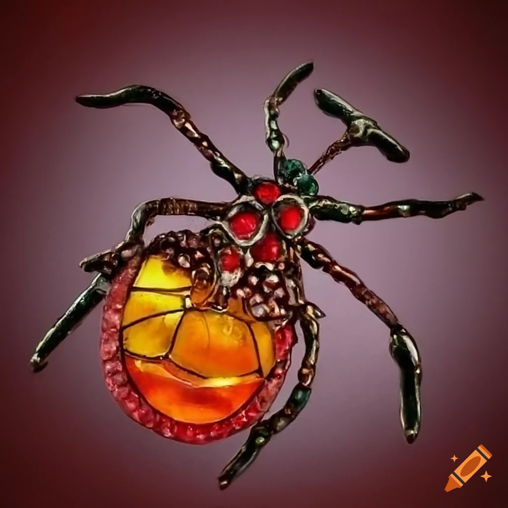 Exotic wasp with colorful gems and tribal motifs on stained glass, metal-plated amber gemstones