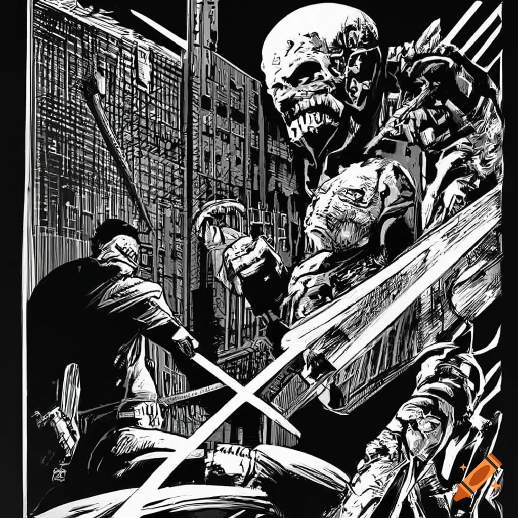 Brave survivor fighting a zombie in stark black-and-white style