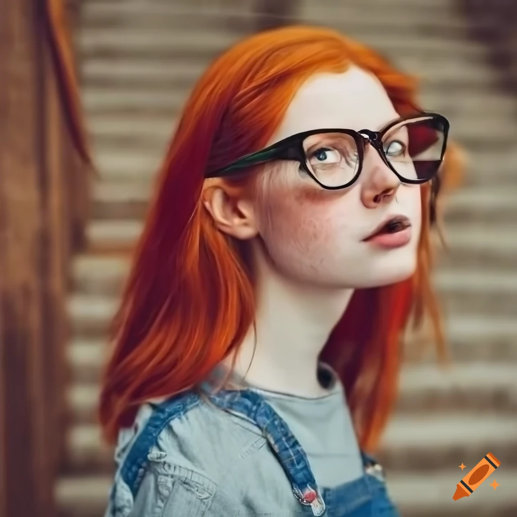 Red-haired girl with glasses, twintails, and freckles hiding under stairs