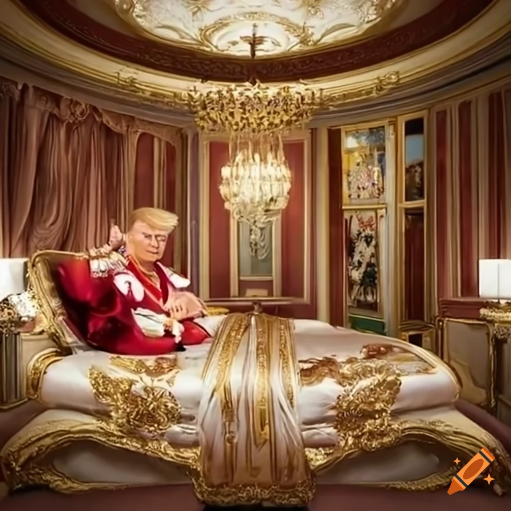 Satiric portrayal of a person in satin pajamas with mushrooms in an opulent penthouse suite