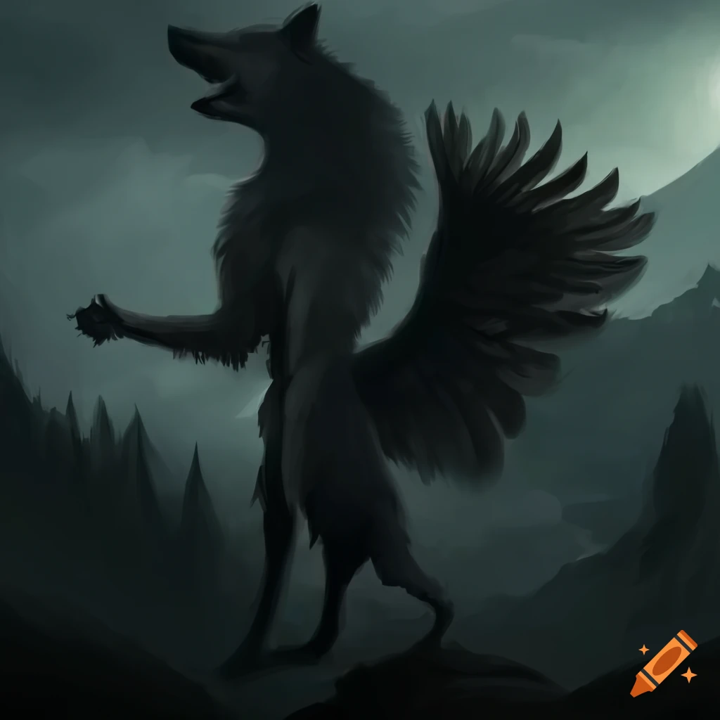 Dark Greek mythology landscape of Tartarus with a winged wolf