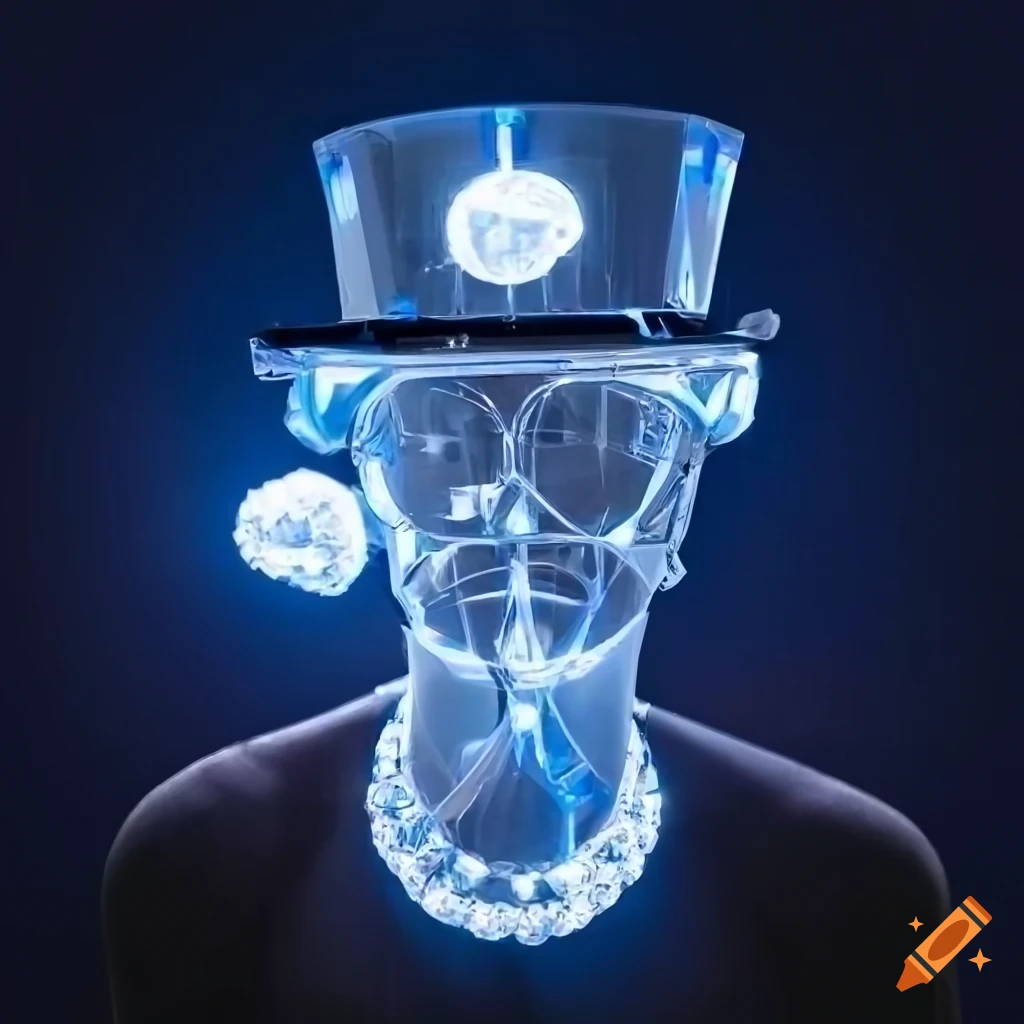 Elderly man with futuristic crystal shard top hat and LED lights