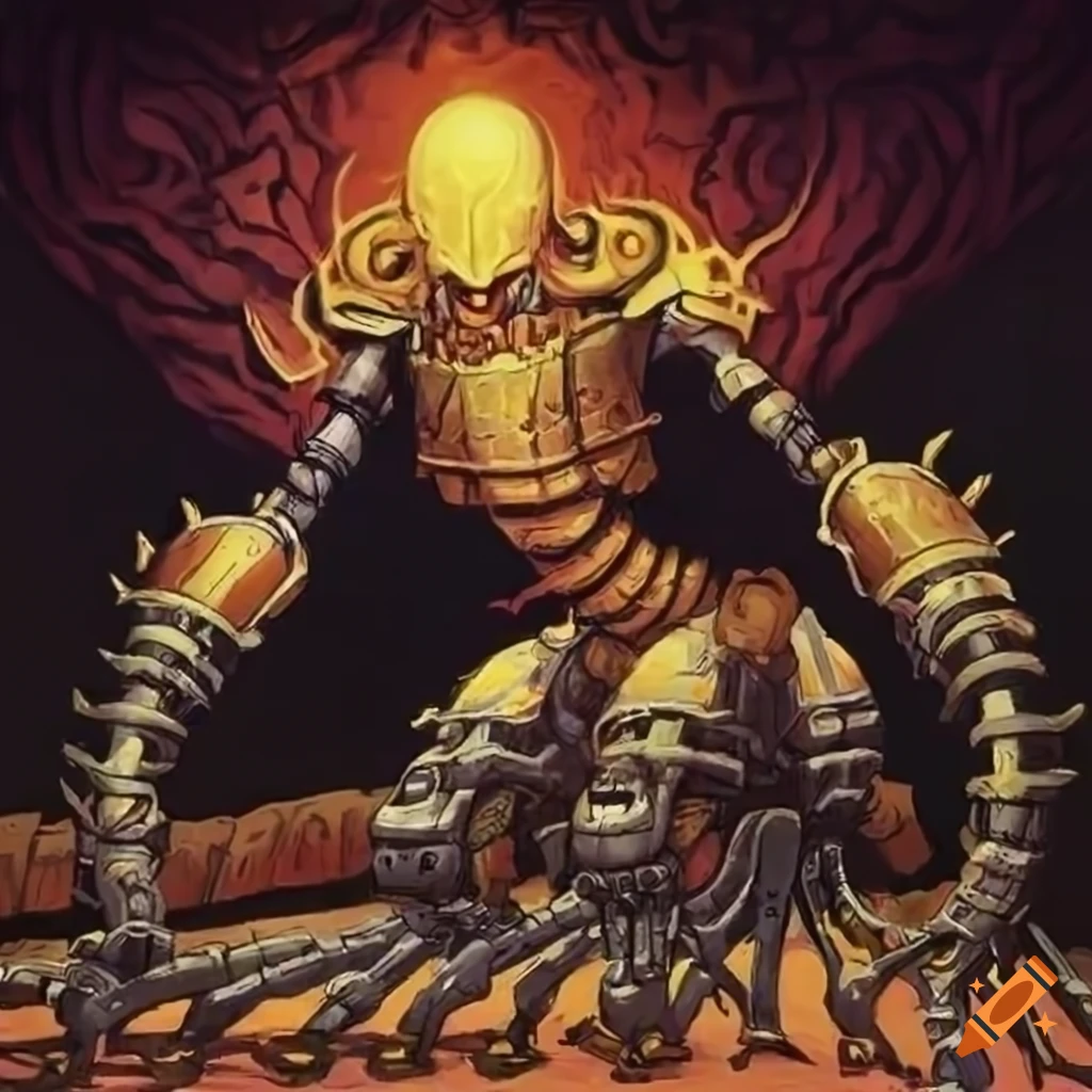 Large construct machine with long arms and unique metal design in a fantasy setting