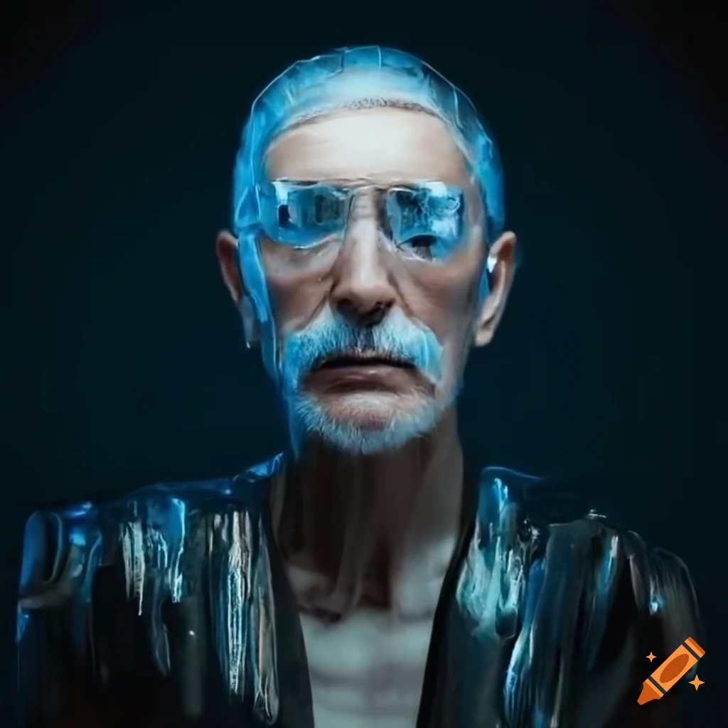 Elderly man in futuristic streetwear with icicles on his face
