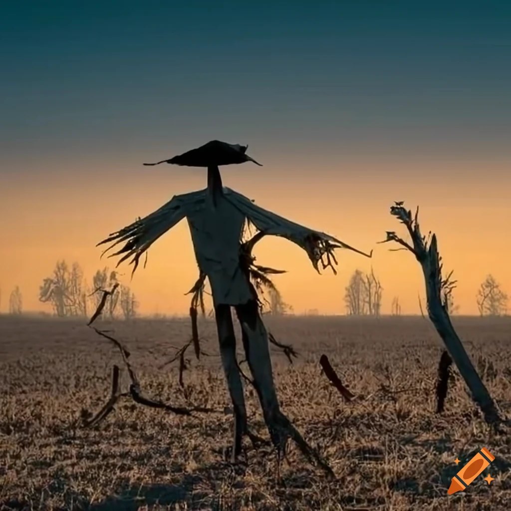 Field of dead crops with a scarecrow in the 17th century