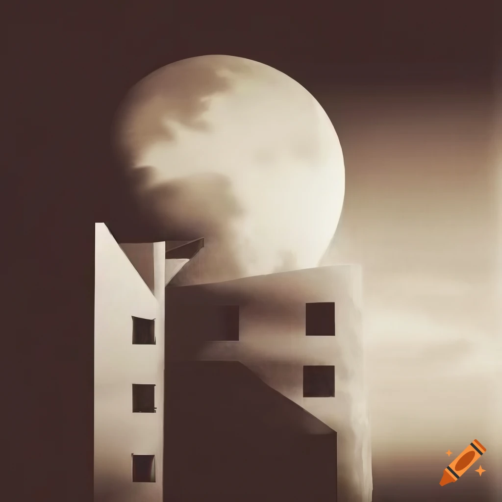 Retro surrealist graphic art with rooms, windows, and strange forms