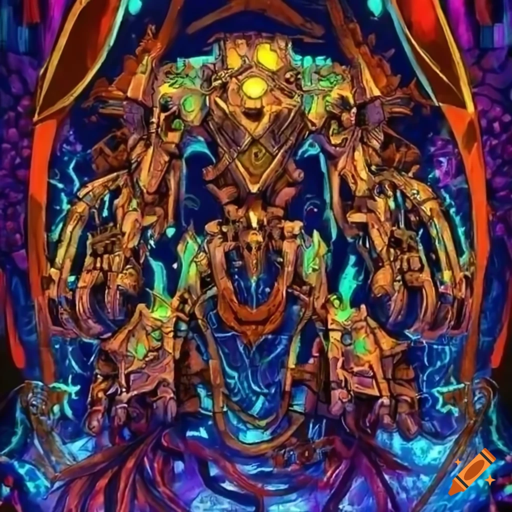 Large construct machine with long arms and roots on its metal skin in a Pathfinder Dungeons & Dragons setting
