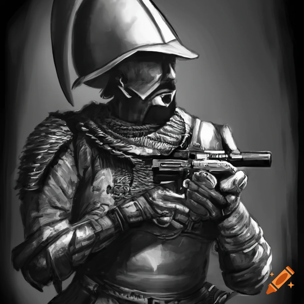 Spanish conquistador with a feathered helmet and revolver