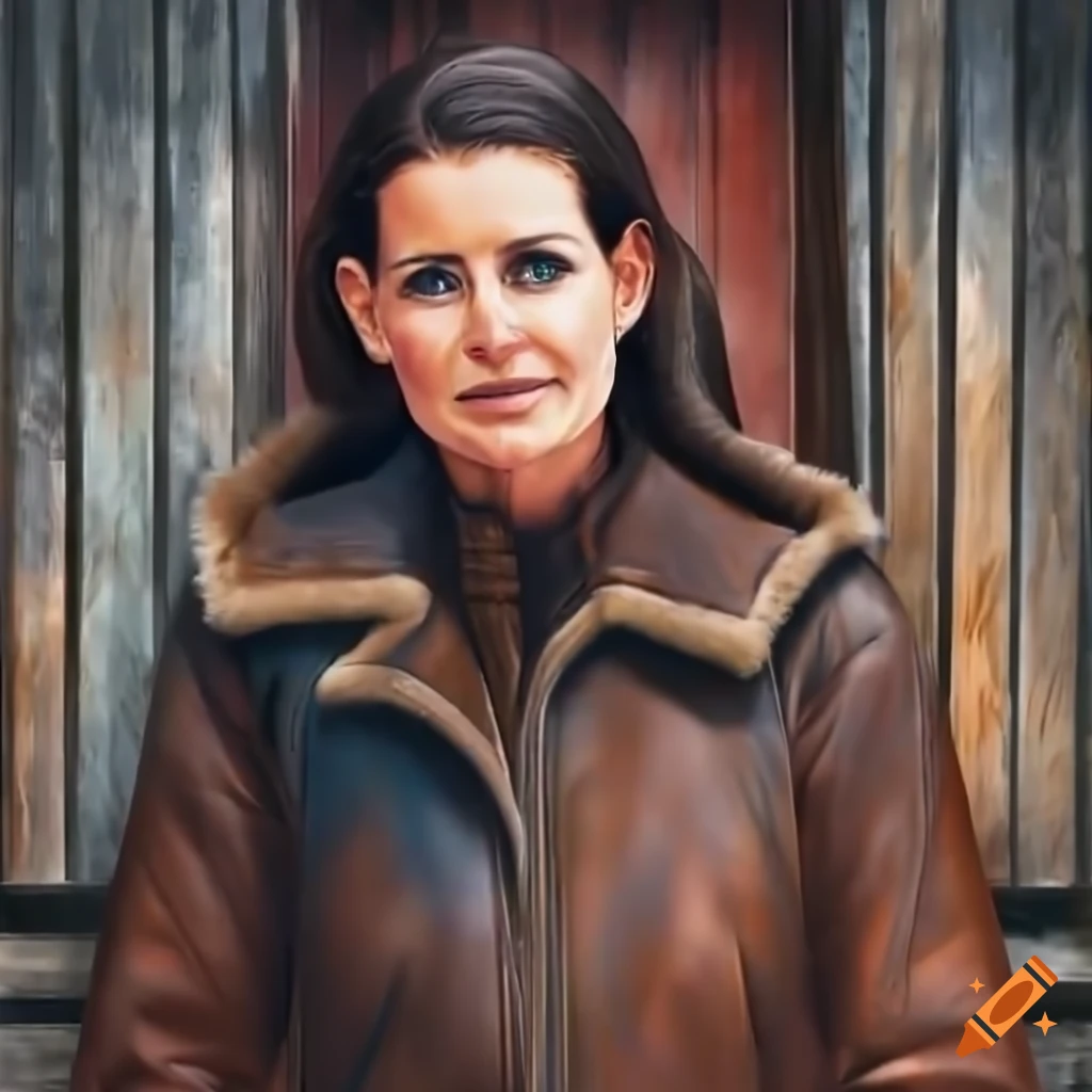 Young woman in brown sheepskin bomber jacket and black leather trousers standing in barn doorway