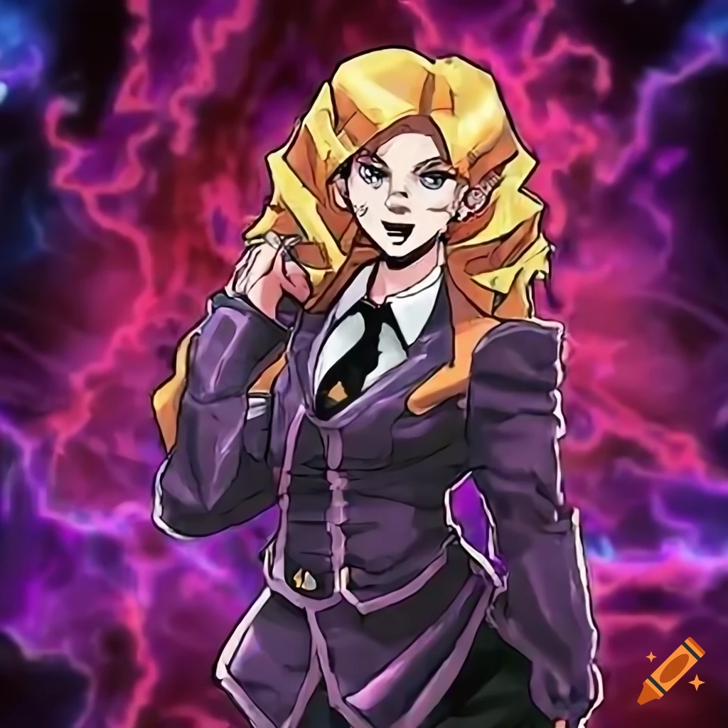 Missy Doctor Who character in vibrant Yu-Gi-Oh card style